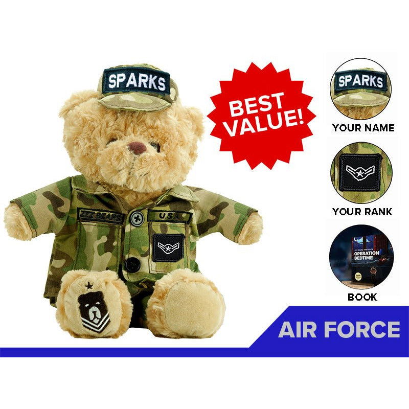 The ZZZ BEARS Air Force Teddy Bear Personalized Bundle features a plush bear in camouflage, labeled SPARKS, with custom name, rank, and book options. The red badge says BEST VALUE! and the blue banner reads AIR FORCE—a perfect gift for military kids.