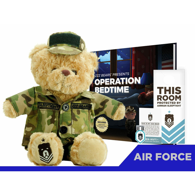 The ZZZ BEARS Airman Sleeptight - Air Force Teddy Bear with Storybook & Sleep System features a plush bear in uniform, a bedtime storybook, and a door hanger that says, “This room protected by Airman Sleep Tight. Blue stripe with Air Force text below.”.