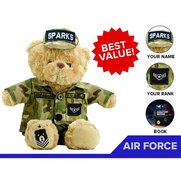 The ZZZ BEARS Air Force Teddy Bear Personalized Bundle features a plush bear in camouflage, labeled SPARKS, with custom name, rank, and book options. The red badge says BEST VALUE! and the blue banner reads AIR FORCE—a perfect gift for military kids.