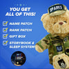 Distorted blue-toned image with bold text shows Air Force Teddy Bear Personalized Bundle by ZZZ BEARS—features include name patch, rank patch, gift box, patch book & card system. Yellow checkmarks and dynamic shapes highlight each feature—great for military kids.