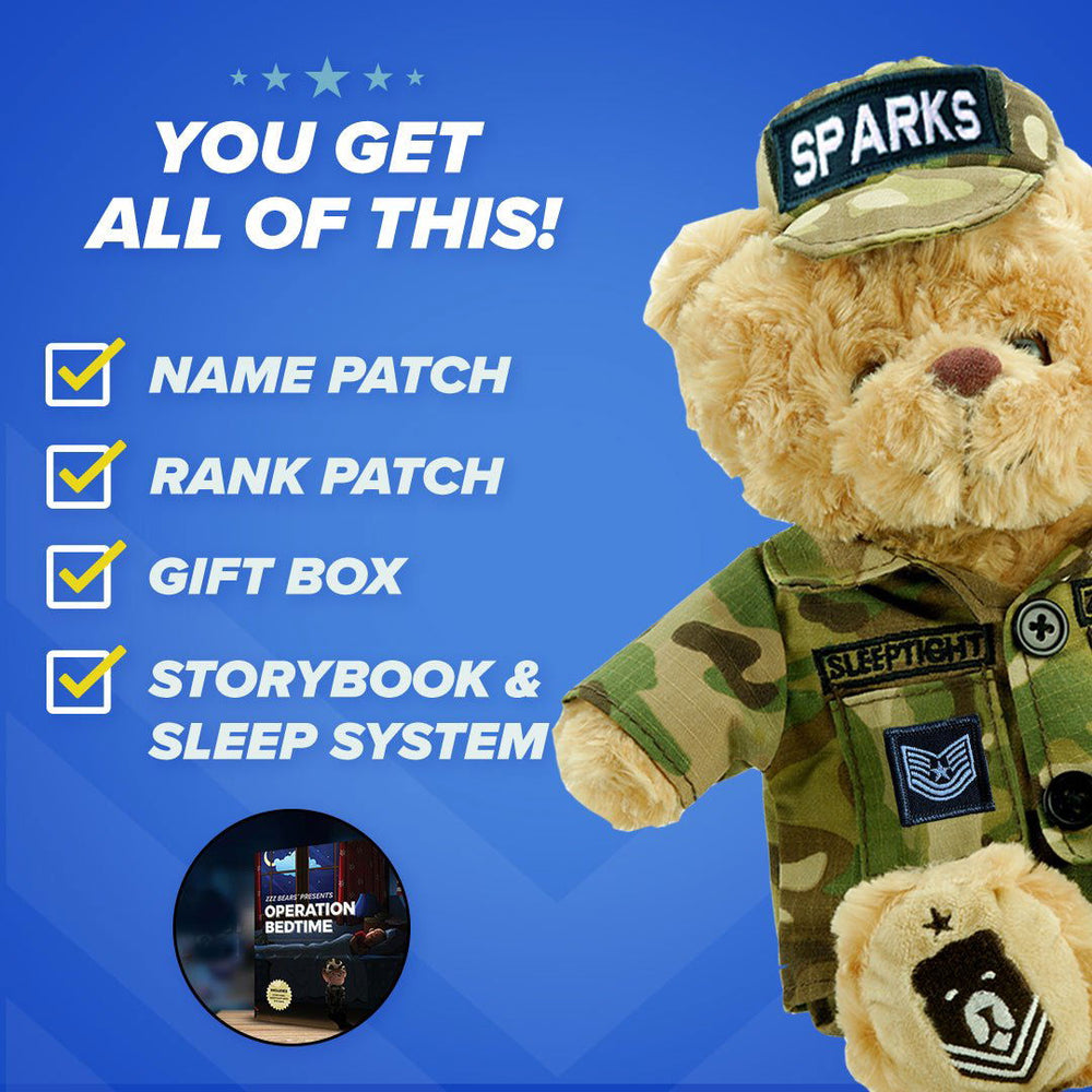 Distorted blue-toned image with bold text shows Air Force Teddy Bear Personalized Bundle by ZZZ BEARS—features include name patch, rank patch, gift box, patch book & card system. Yellow checkmarks and dynamic shapes highlight each feature—great for military kids.