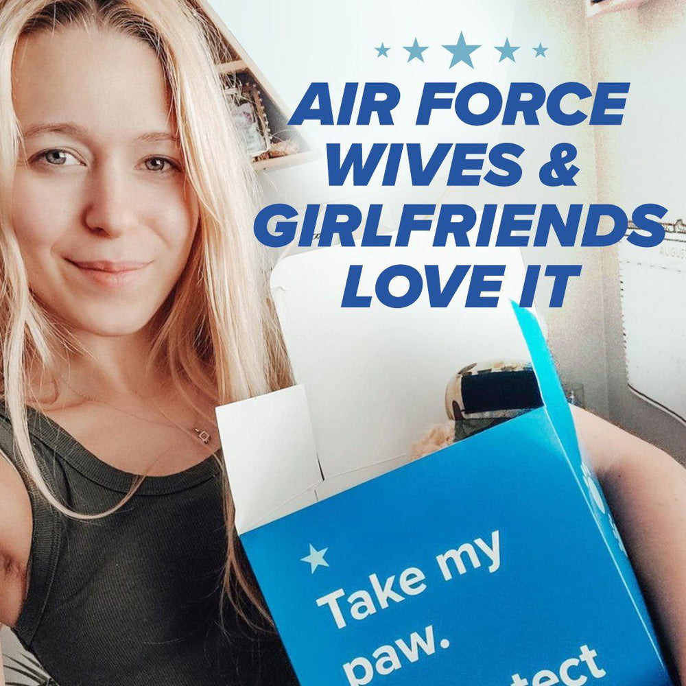 Distorted image of a woman's face with glitch effects and text: AIR FORCE WIVES GF’S LOVE IT. Abstract blue and orange shapes evoke an Air Force vibe, highlighting the ZZZ BEARS Air Force Teddy Bear Personalized Bundle.