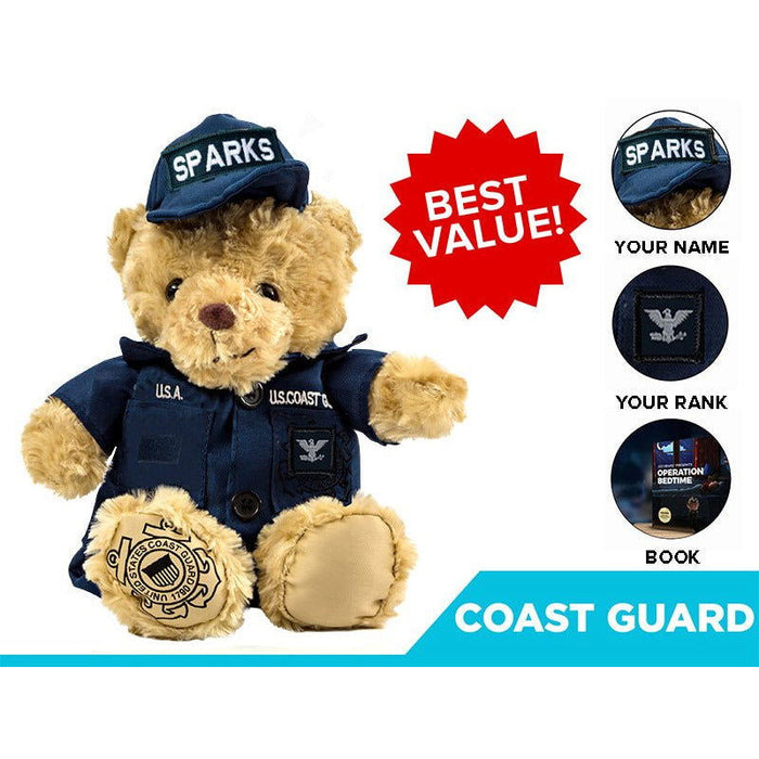 The ZZZ BEARS Coast Guard Teddy Bear Personalized Bundle features a plush bear in uniform and a hat labeled SPARKS, with badges. Includes red Best Value! starburst and options to personalize name, rank, or message—perfect Coast Guard kids gift.