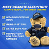 A blue and yellow graphic with distorted text, checkmarks, and blurred Coast Guard patches and boots. Faint stars shine above. The partially readable text highlights the ZZZ BEARS Coast Guard Teddy Bear Personalized Bundle for families and dreams.