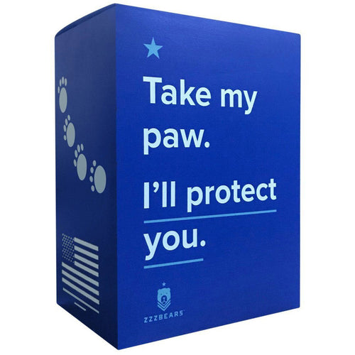 The ZZZ BEARS Gift Box features blue and black colors with “Take my paw. I’ll protect you.” in bold white letters, a small paw print, and zigzag designs—ideal for hero bear fans or military and first responder bears. The image has diagonal glitch effects.