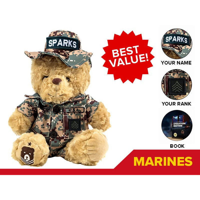 The ZZZ BEARS Marine Cammo Teddy Bear Personalized Bundle features a plush bear in digital camo, custom name/rank, and a keepsake booklet. A red Best Value! badge marks it as the perfect Marine family gift or comforting military kids’ item.