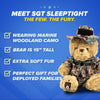A ZZZ BEARS Marine Cammo Teddy Bear Personalized Bundle and a fuzzy blue and grey stuffed animal lie side by side on a blue surface, offering comfort to military kids. Text overlays the image but is mostly distorted and hard to read.