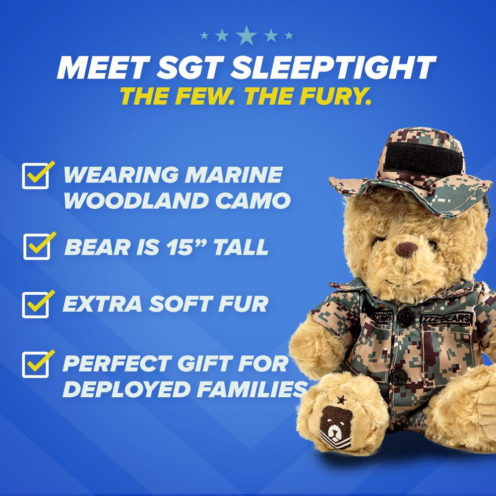 A ZZZ BEARS Marine Cammo Teddy Bear Personalized Bundle and a fuzzy blue and grey stuffed animal lie side by side on a blue surface, offering comfort to military kids. Text overlays the image but is mostly distorted and hard to read.