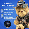A glitched, pixelated image shows the ZZZ BEARS Marine Cammo Teddy Bear Personalized Bundle with a checklist overlay. Boxes are checked and text like "sleep system" and "soft box" is partially visible, evoking comfort for military kids.