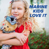 A vibrant, distorted image of a child hugging the personalized Marine Cammo Teddy Bear from ZZZ BEARS, with bold black and blue text: "MARINE KIDS LOVE IT." A unique family gift for loved ones in the Marines.