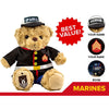 The ZZZ BEARS Marine Dress Blues Teddy Bear Personalized Bundle features a plush bear in uniform with customizable name cap, rank patch, and book—ideal for Marine families or military kids. "BEST VALUE!” and “MARINES" text shown; personalization options available.
