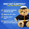 A ZZZ BEARS Marine Dress Blues Teddy Bear Personalized Bundle with extra soft fur, machine washable design, and safety features sits beside a brown bear—ideal for military kids' comfort or as a thoughtful Marine family gift.