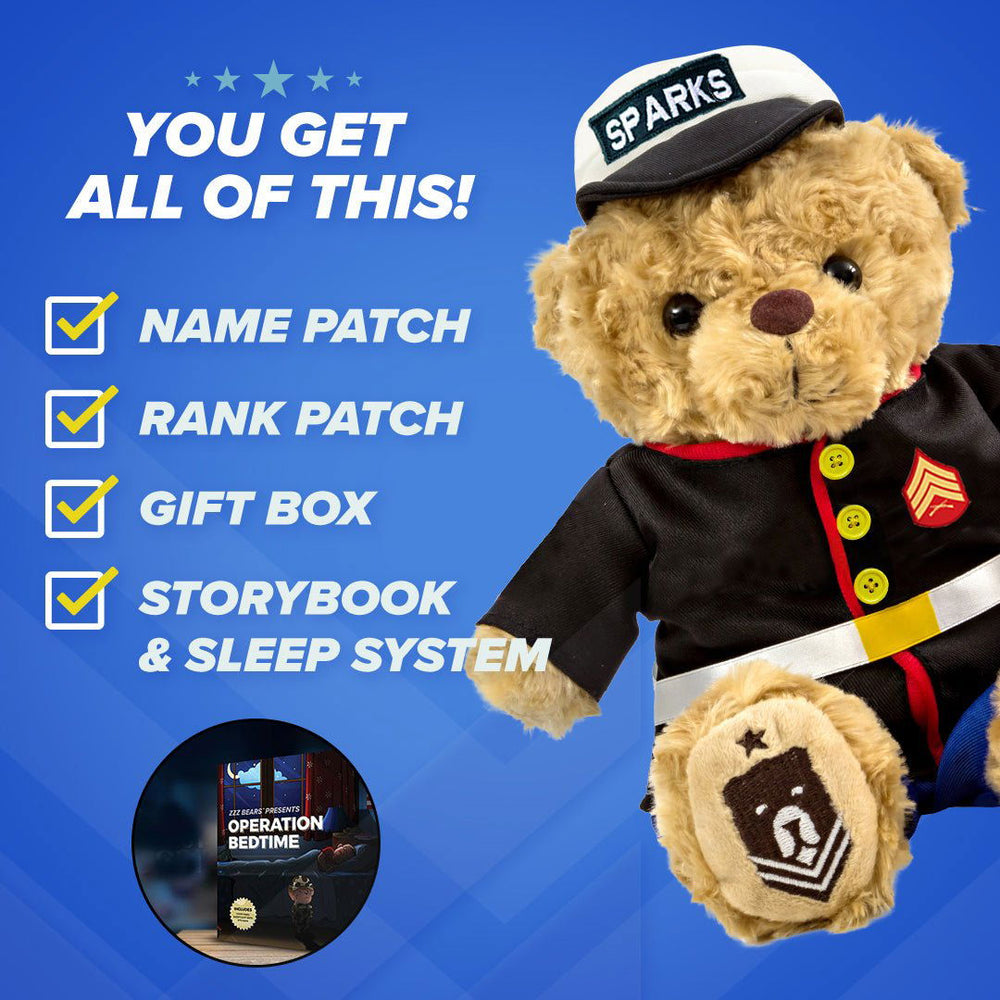 A digitally distorted image features the ZZZ BEARS Marine Dress Blues Teddy Bear Personalized Bundle, overlaid with checklists like GIFT BAG and STORYBOOK, showcasing this comforting military kids gift. Yellow check marks highlight select options.