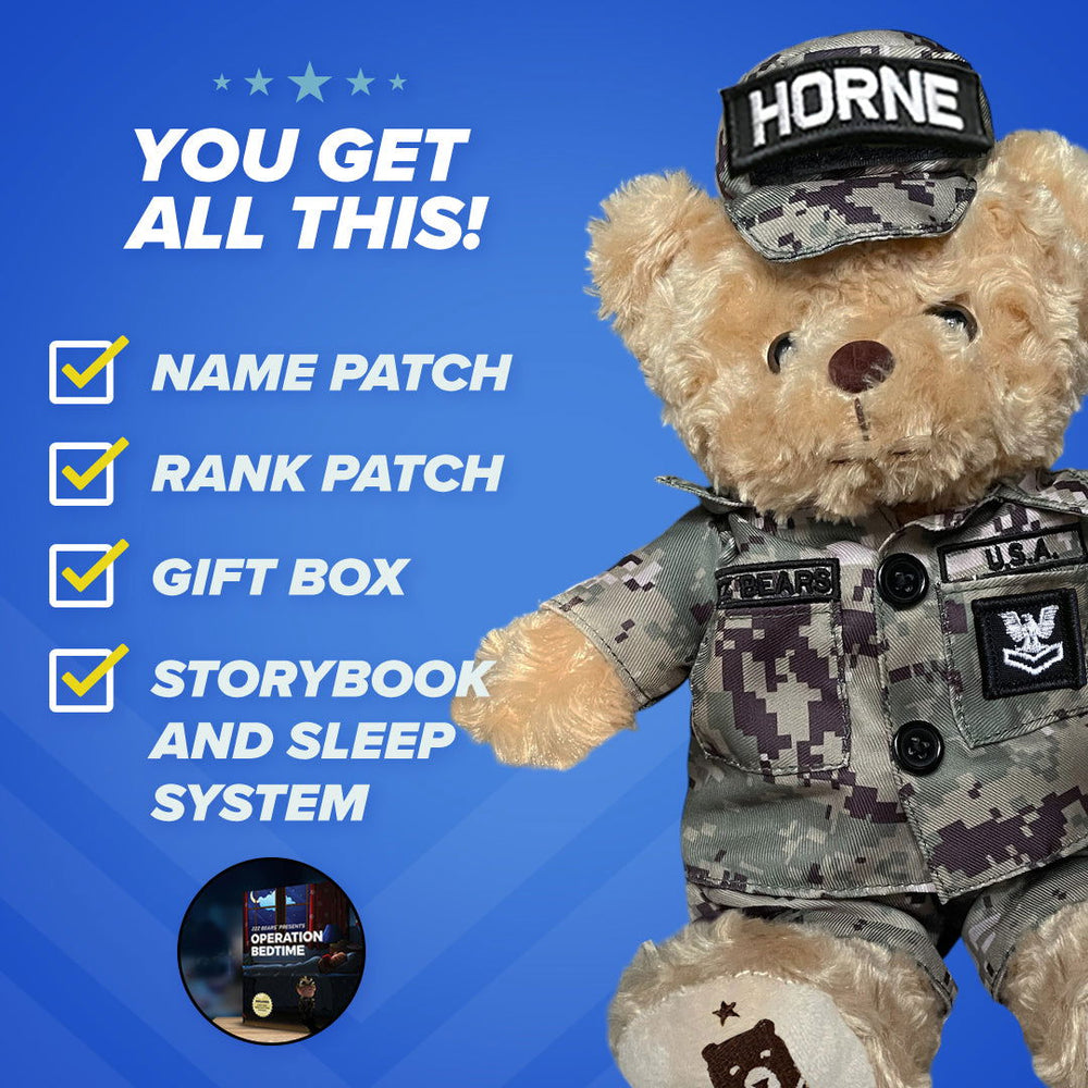 A distorted image with glitch effects shows a person in winter clothes, checkboxes, and patches like “NAME PATCH,” echoing the unique style of the ZZZ BEARS Navy Teddy Bear Cammo Personalized Bundle—an ideal special Navy gift.