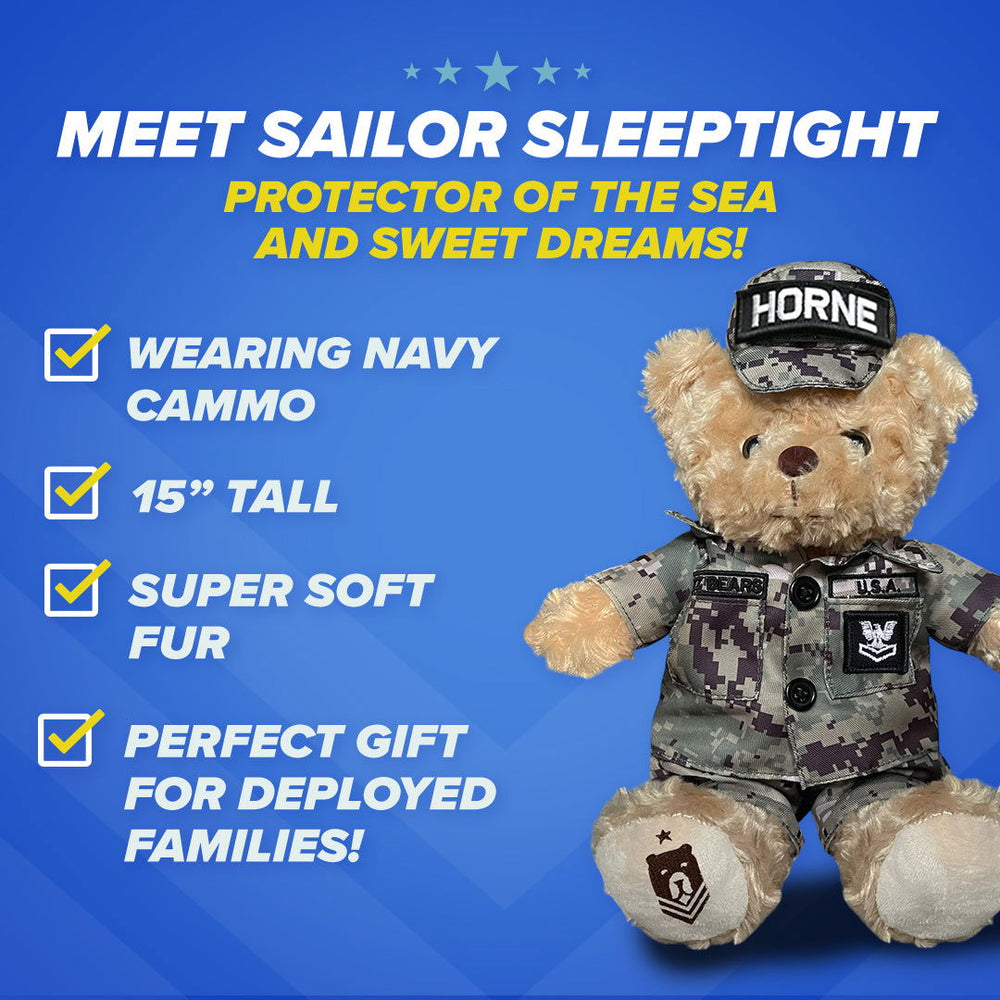 The ZZZ BEARS Navy Teddy Bear Cammo Personalized Bundle is a 15" super soft plush in PJs, shown next to a child, with closed eyes and a yellow star—an ideal calming gift to support deep sleep for Navy families.