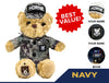 The ZZZ BEARS Navy Teddy Bear Cammo Personalized Bundle features a bear in digital camo with “HORNE” on the cap. Insets show custom name, rank, and a personalized book. Text reads BEST VALUE! and NAVY—an ideal Navy child’s gift.