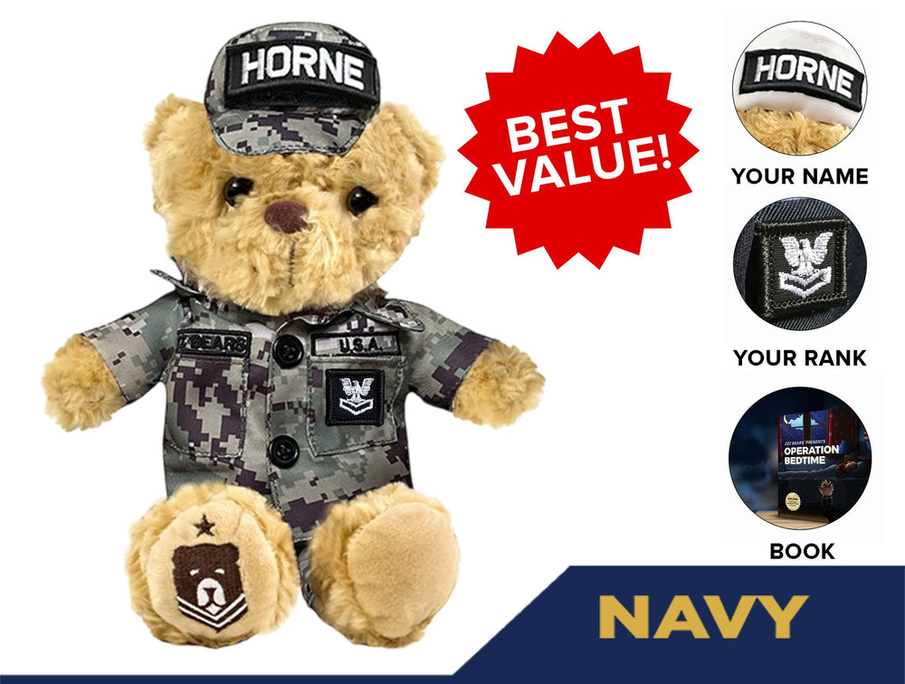 The ZZZ BEARS Navy Teddy Bear Cammo Personalized Bundle features a bear in digital camo with “HORNE” on the cap. Insets show custom name, rank, and a personalized book. Text reads BEST VALUE! and NAVY—an ideal Navy child’s gift.