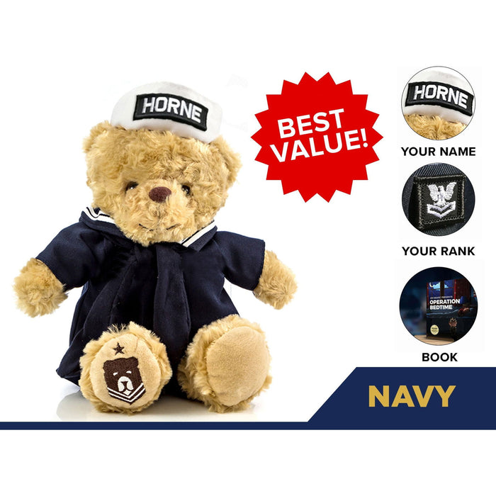 The Navy Teddy Bear Personalized Bundle by ZZZ BEARS features a uniformed bear with a sailor hat labeled HORNE, red Best Value! badge, custom circles for name/rank/book—perfect as a Navy family gift or comfort for military kids. NAVY appears in a blue box below.