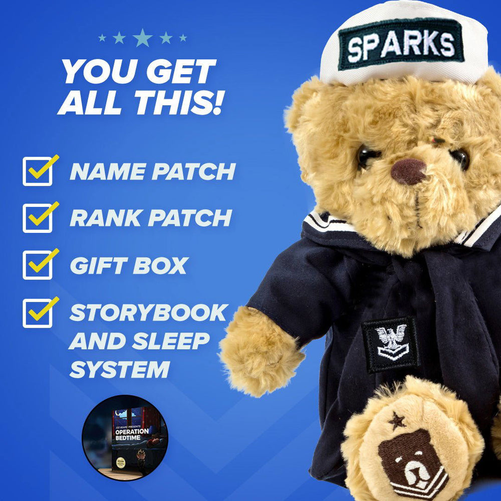 A distorted image of the ZZZ BEARS Navy Teddy Bear Personalized Bundle, featuring a blue and white BEARS beanie, checklist items like NAME PATCH, GIFT BOX, and STORYBOOK AND SLEEP SYSTEM—an ideal Navy family gift for military kids.