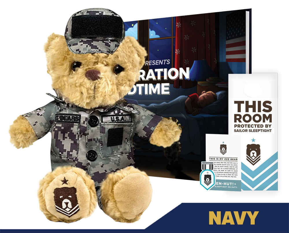 The ZZZ BEARS Sailor Sleeptight Navy Teddy Bear in camo comes with a storybook and sleep system. Its uniform reads U.S.A., BEARS, NAVY, and Sailor Sleeptight—perfect for your child's bedtime routine.