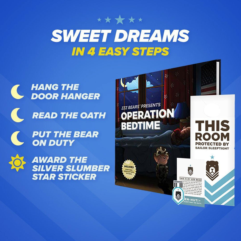A digitally stylized, partially obscured poster titled SWEET DREAMS IN 4 EASY STEPS features crescent moons, stars, and blue tones with layered text, hinting at a bedtime routine inspired by ZZZ BEARS’ Sailor Sleeptight Navy Teddy Bear in Cammo Sleep System.