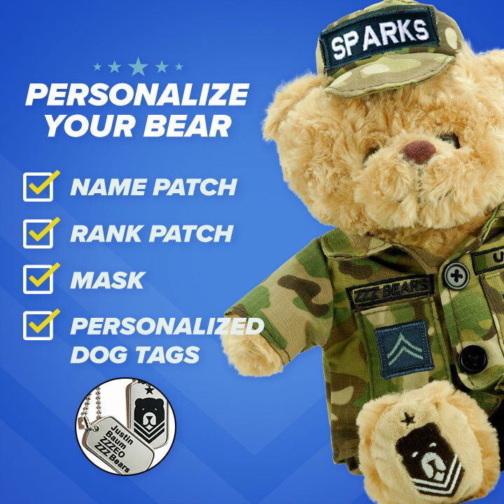 Sgt. Sleeptight, the Army teddy bear by ZZZ BEARS, comes in uniform and cap with customizable patches, mask, and dog tags—plus a storybook and sleep system to help kids feel safe at night.